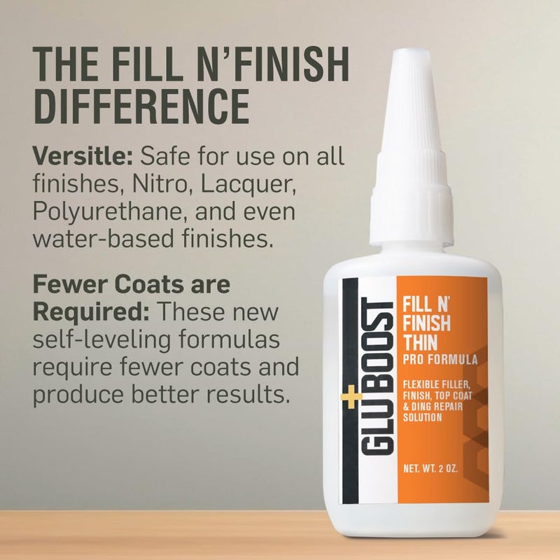 GluBoost Fill nâ€™ Finish Thin Formula â€“ Self-Leveling, Flexible, Clear Wood Filler for Cracks, Dings, and Repairs â€“ Interior Pore and Wood Grain Filler for Finishing and Repair â€“ 2 oz Solution